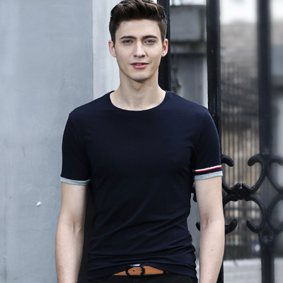 袖口拼色圆领T恤修身版T004款